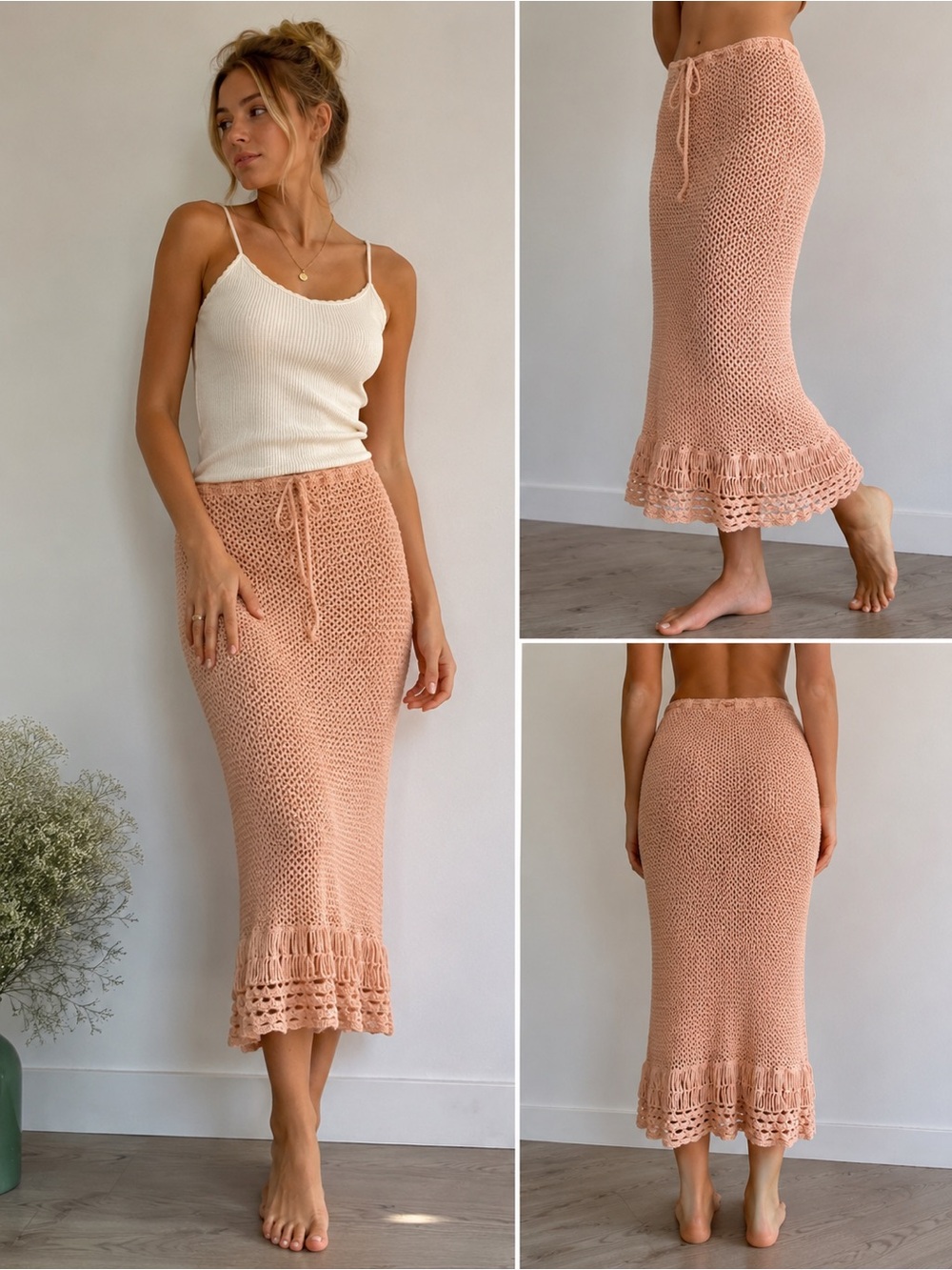 Ateliê Mão de Mãe Handmade Crochet Maxi Skirt Blush Pink Boho Beach Size S